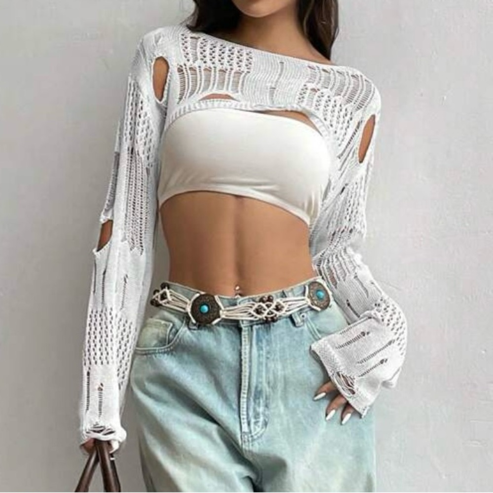 White Cozy Knit Poncho Shrug - Picture 4 of 9
